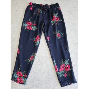 Joie Silk Pants, Navy Floral 100% Silk Pull on Pants, Drawstring, Womens Sz M